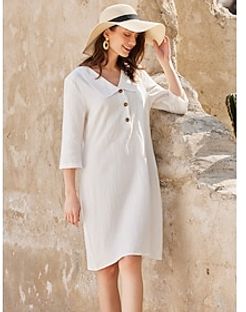Casual Dress Cotton Linen Dress Mini Dress Linen Cotton Blend Basic Basic Casual Daily Vacation Weekend Shirt Collar 3/4 Length Sleeve Summer Spring Wh