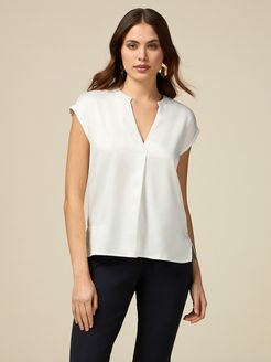 T-shirt bimaterica con scollo a V Donna Bianco