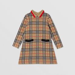 Childrens Long-sleeve Check Merino Wool Jacquard Dress, Size: 14Y, Beige