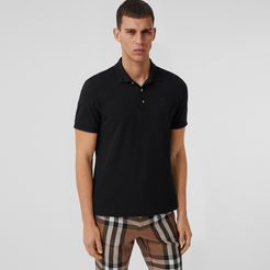 Button Detail Cotton Piqué Polo Shirt, Size: M, Black
