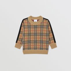Childrens Check Merino Wool Jacquard Sweater, Size: 14Y, Beige