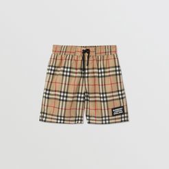 Childrens Logo Appliqué Vintage Check Swim Shorts, Size: 14Y, Beige