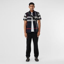 Short-sleeve Check Stretch Cotton Poplin Shirt, Blue