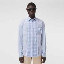 Logo Appliqué Contrast Check Cotton Shirt, Size: M, Blue