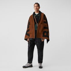 Logo Wool Cotton Jacquard Hooded Cape, Brown