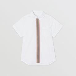 Childrens Short-sleeve Icon Stripe Trim Stretch Cotton Shirt, Size: 14Y, White