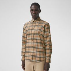 Small Scale Check Stretch Cotton Shirt, Beige