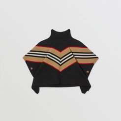 Childrens Icon Stripe Panel Wool Cashmere Blend Poncho, Black