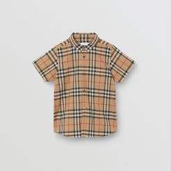 Childrens Short-sleeve Vintage Check Cotton Shirt, Size: 14Y, Beige