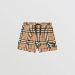 Childrens Logo Appliqué Vintage Check Swim Shorts, Size: 18M, Beige