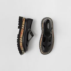 Vintage Check Detail Leather T-bar Shoes, Size: 36, Black