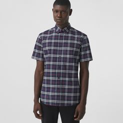 Short-sleeve Small Scale Check Stretch Cotton Shirt, Blue