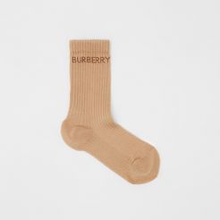 Logo Intarsia Technical Stretch Cotton Socks, Size: XL, Beige