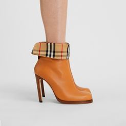 Vintage Check-lined Leather Ankle Boots, Size: 37, Orange