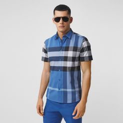 Short-sleeve Check Stretch Cotton Poplin Shirt, Blue