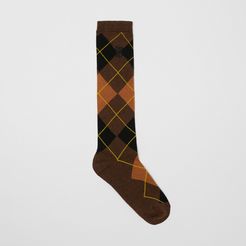 Argyle Intarsia Cotton Blend Calf-length Socks, Brown