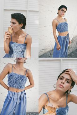 Feather Strappy Crop Top - Blue