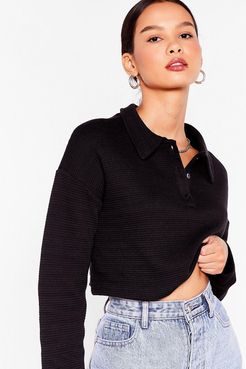 Long Sleeve Polo Knitted Crop Top - Black