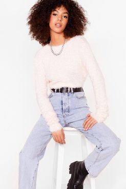 Fluffy Boat Neck Long Sleeve Sweater - Pink