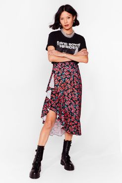 Floral Ruffle Wrap Midi Skirt - Black