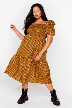 Plus Size Puff Sleeve Check Midi Smock Dress - Yellow