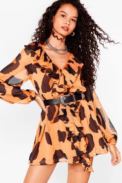 Leopard Print Chiffon Ruffle Mini Dress - Brown