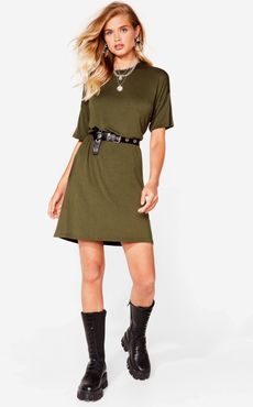 Loose Fit Midi T-Shirt Dress - Khaki