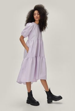Puff Sleeve Crew Neck Tiered Midi Dress - Lilac