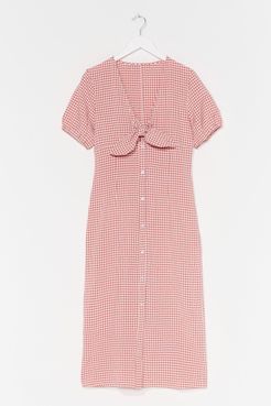 Gingham Tie Front Puff Sleeve Dress - Salmon