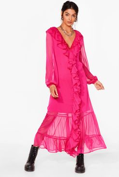 Chiffon Long Sleeve Ruffle Maxi Dress - Hot Pink