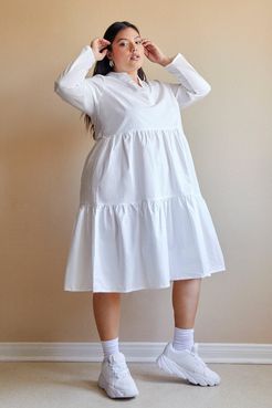 Plus Size Long Sleeve Tiered Midi Dress - White