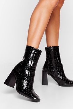 Croc Flare Heeled Ankle Boots - Black