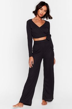 Wrap Top And Wide Leg Pants Set - Black