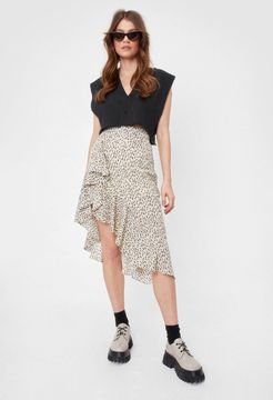 Abstract Asymmetric Ruffle Midi Skirt - Beige