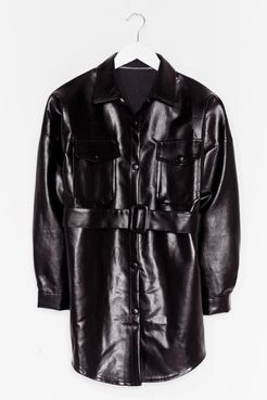 Faux Leather Change Belted Longline Jacket - Black