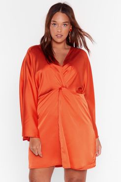 V-Neckline Plus Size Mini Dress in Satin - Orange