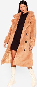 Faux Shearling Longline Teddy Coat - Camel