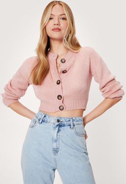 Crew Neck Cropped Knit Cardigan - Rose