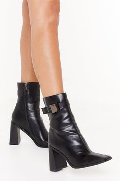 Buckled Faux Leather Heel Boots - Black