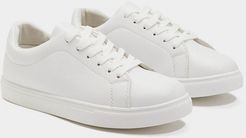 Basic Faux Leather Lace Up Sneakers - White