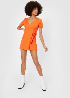 Wrap Mini Dress with V-Neckline - Orange