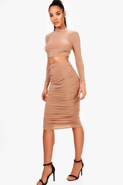 Rouched Sleeve Midi Skirt Two-Piece Set - Beige - 6
