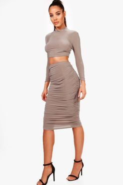 Rouched Sleeve Midi Skirt Two-Piece Set - Beige - 4