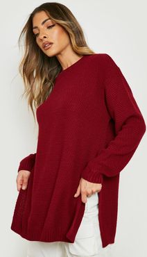 Side Split Moss Stitch Tunic Sweater - Red - S/M