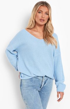 Oversized V Neck Sweater - Blue - M/L