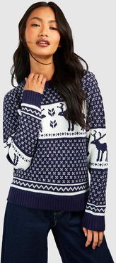Snowflake And Reindeer Knitted Christmas Sweater - Navy - S
