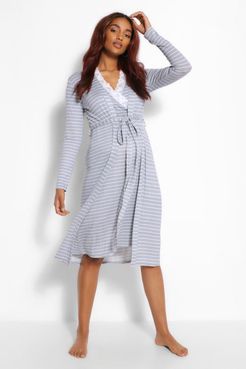 Maternity Stripe Nursing Nightgown And Robe Set - Grey - 4