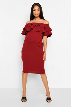 Maternity Ruffle Off The Shoulder Midi Dress - Red - 4