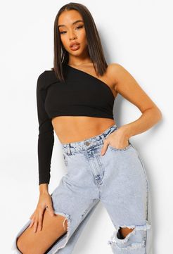 One Shoulder Rib Basic Crop Top - Black - 4