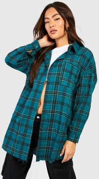 Oversized Frayed Flannel Shirt - Green - 8